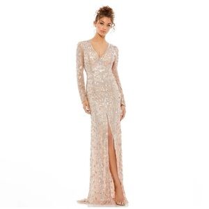 Mac Duggal 5002 Embellished Long Sleeve Front Slit Rose Gold Gown - Reemoly